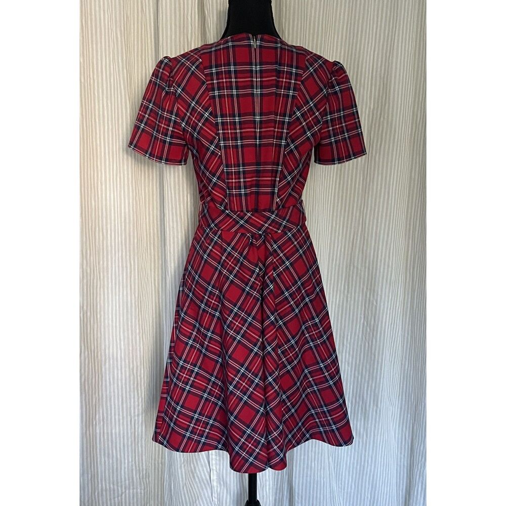 Draper James Women Plaid Fit Flare Dress Size 6 Red Navy Short Sleeve Tie Waist - Picture 5 of 8